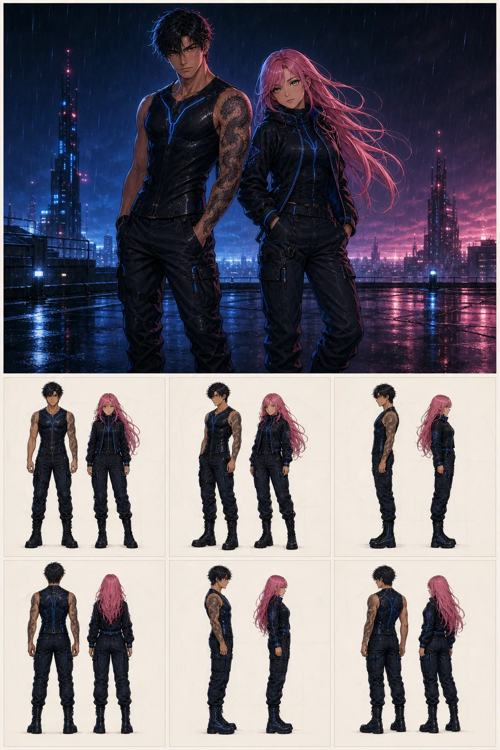 Lambo and Tifa model sheet — front, back and side views on a Nightgrid rooftop
